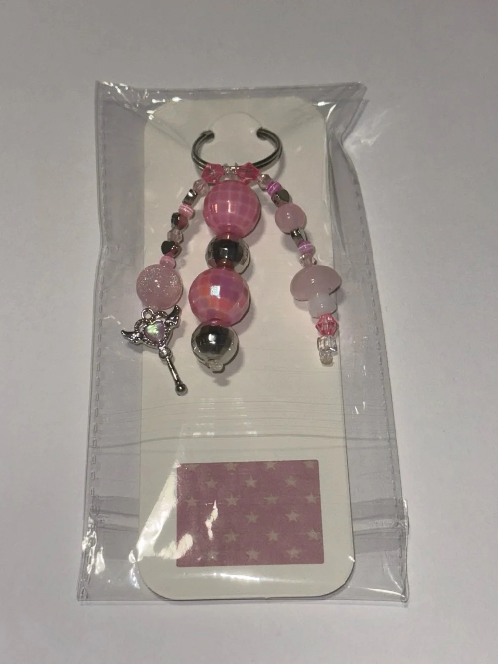 Pink Beaded Keychain Charm with Silver Accents